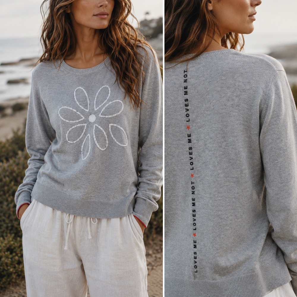 LISA TODD Daisy Loves Me Loves Me Not Graphic Cotton Sweater